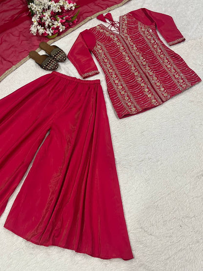 Wedding Wear Pink Color Embroidery And Handwork Silk Palazzo Suit