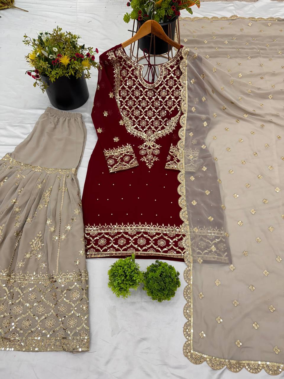 Wedding Wear Maroon Color Heavy Faux Georgette With 5mm Embroidery Sequence Work Sharara Suit