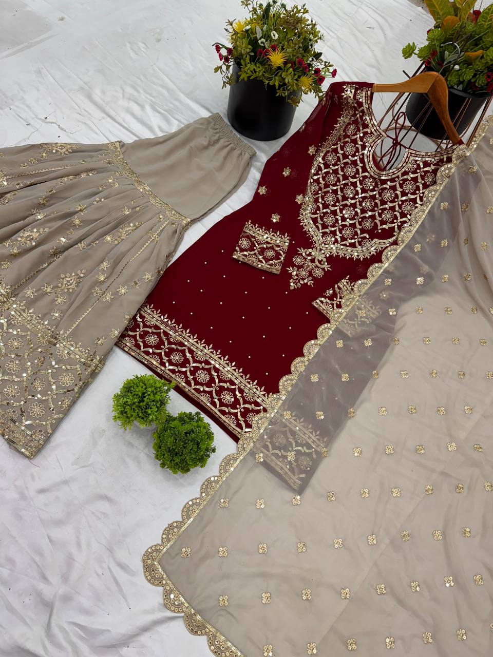 Wedding Wear Maroon Color Heavy Faux Georgette With 5mm Embroidery Sequence Work Sharara Suit