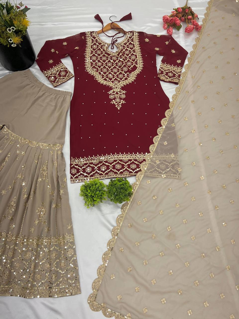 Wedding Wear Maroon Color Heavy Faux Georgette With 5mm Embroidery Sequence Work Sharara Suit