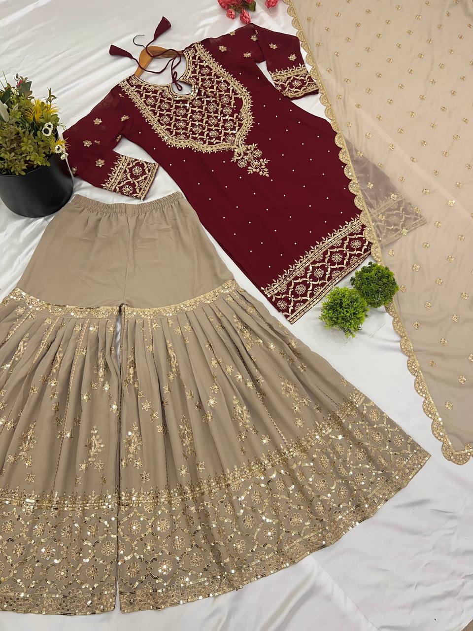 Wedding Wear Maroon Color Heavy Faux Georgette With 5mm Embroidery Sequence Work Sharara Suit