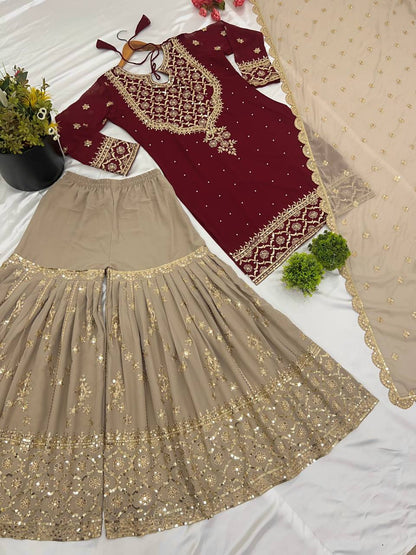 Wedding Wear Maroon Color Heavy Faux Georgette With 5mm Embroidery Sequence Work Sharara Suit