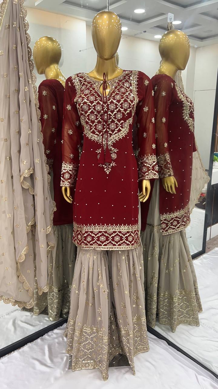 Wedding Wear Maroon Color Heavy Faux Georgette With 5mm Embroidery Sequence Work Sharara Suit