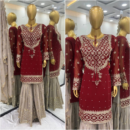 Wedding Wear Maroon Color Heavy Faux Georgette With 5mm Embroidery Sequence Work Sharara Suit