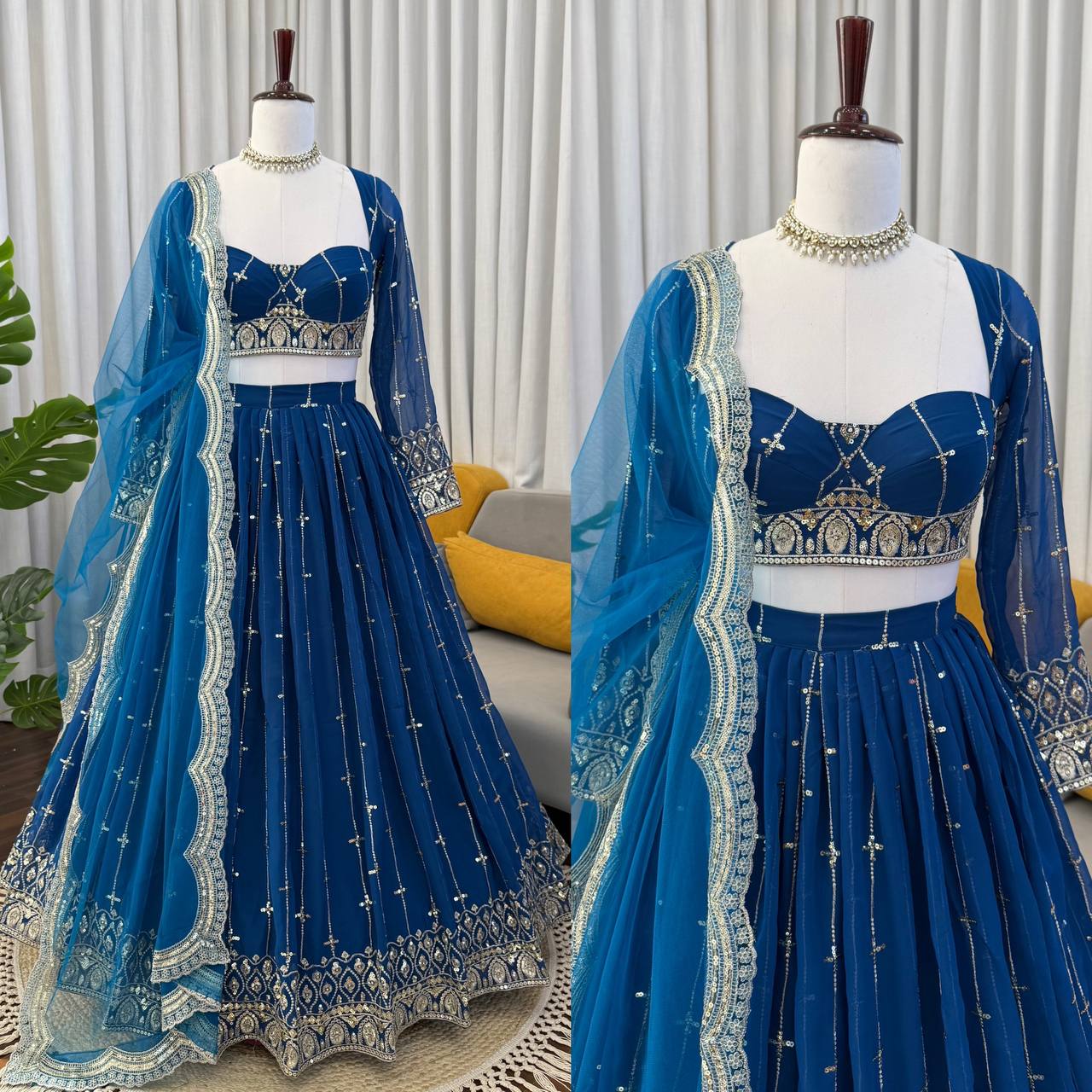 Engagement Wear Navy Color Embroidered Lehenga Choli With Butterfly Net Dupatta