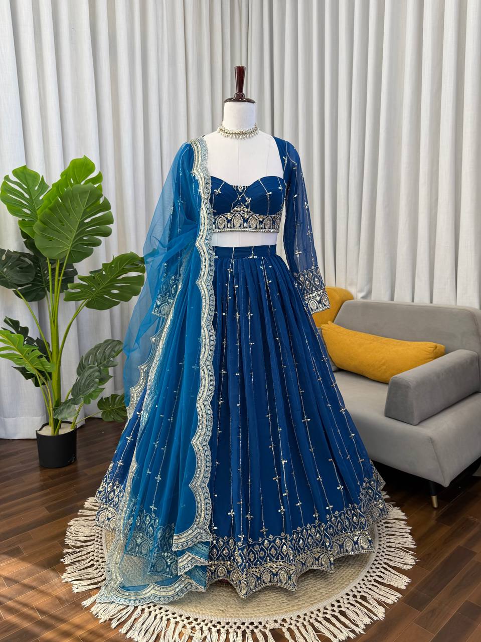 Engagement Wear Navy Color Embroidered Lehenga Choli With Butterfly Net Dupatta