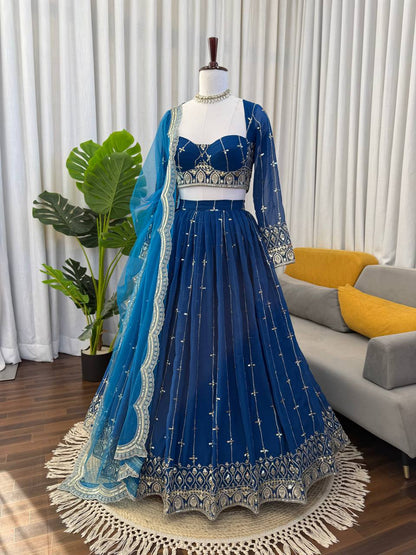 Engagement Wear Navy Color Embroidered Lehenga Choli With Butterfly Net Dupatta