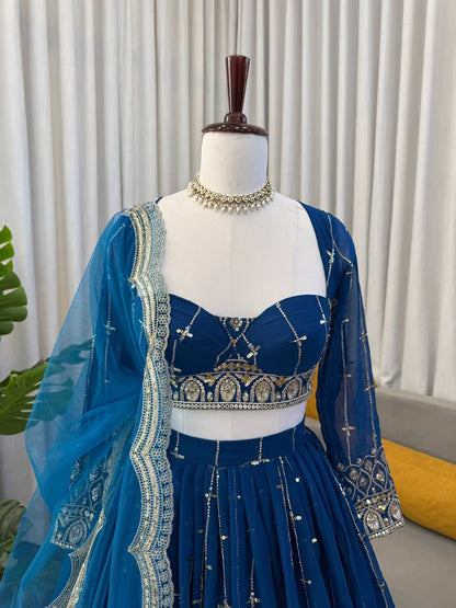 Engagement Wear Navy Color Embroidered Lehenga Choli With Butterfly Net Dupatta