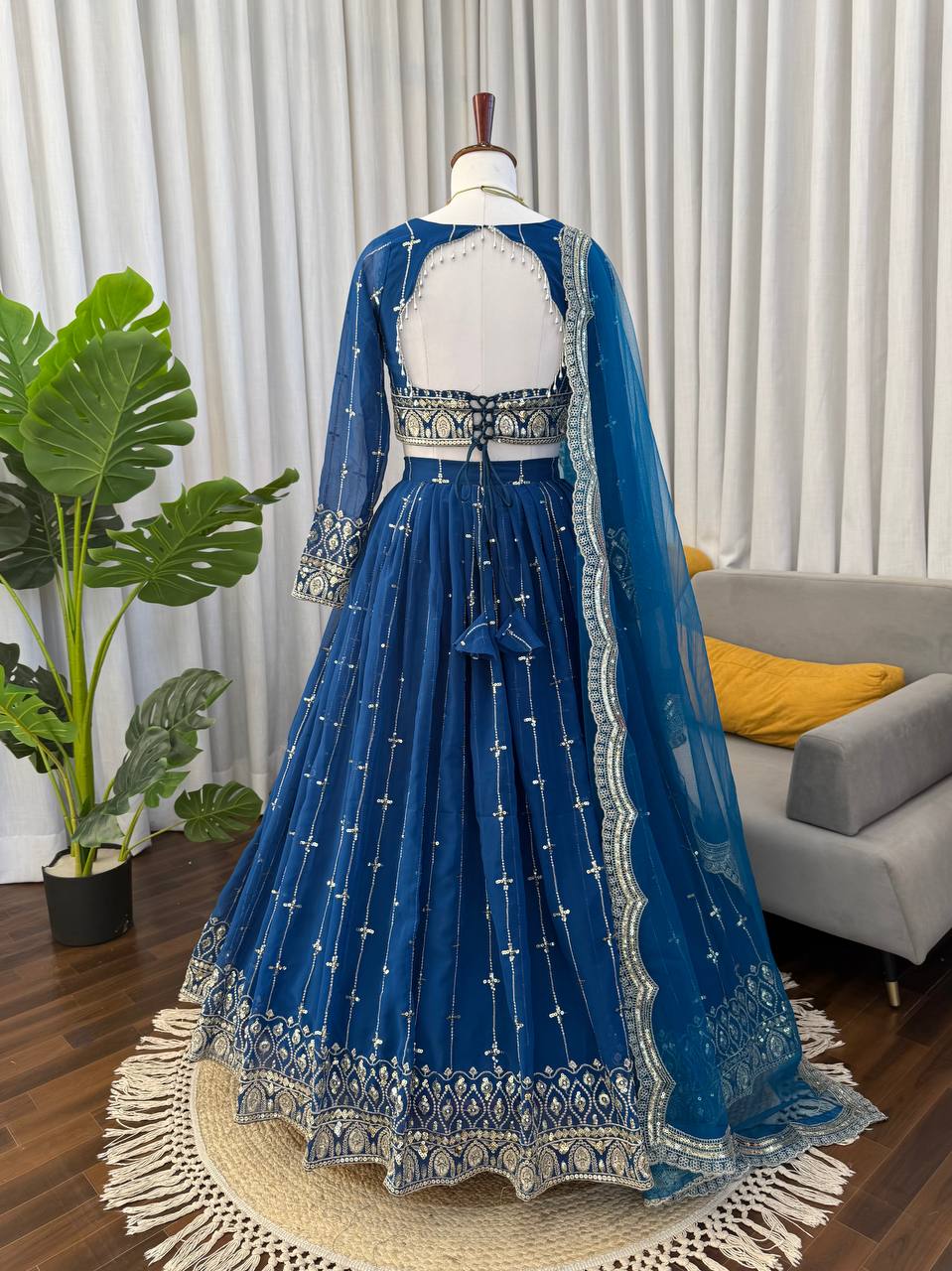 Engagement Wear Navy Color Embroidered Lehenga Choli With Butterfly Net Dupatta