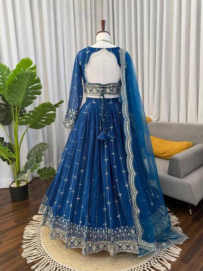 Engagement Wear Navy Color Embroidered Lehenga Choli With Butterfly Net Dupatta