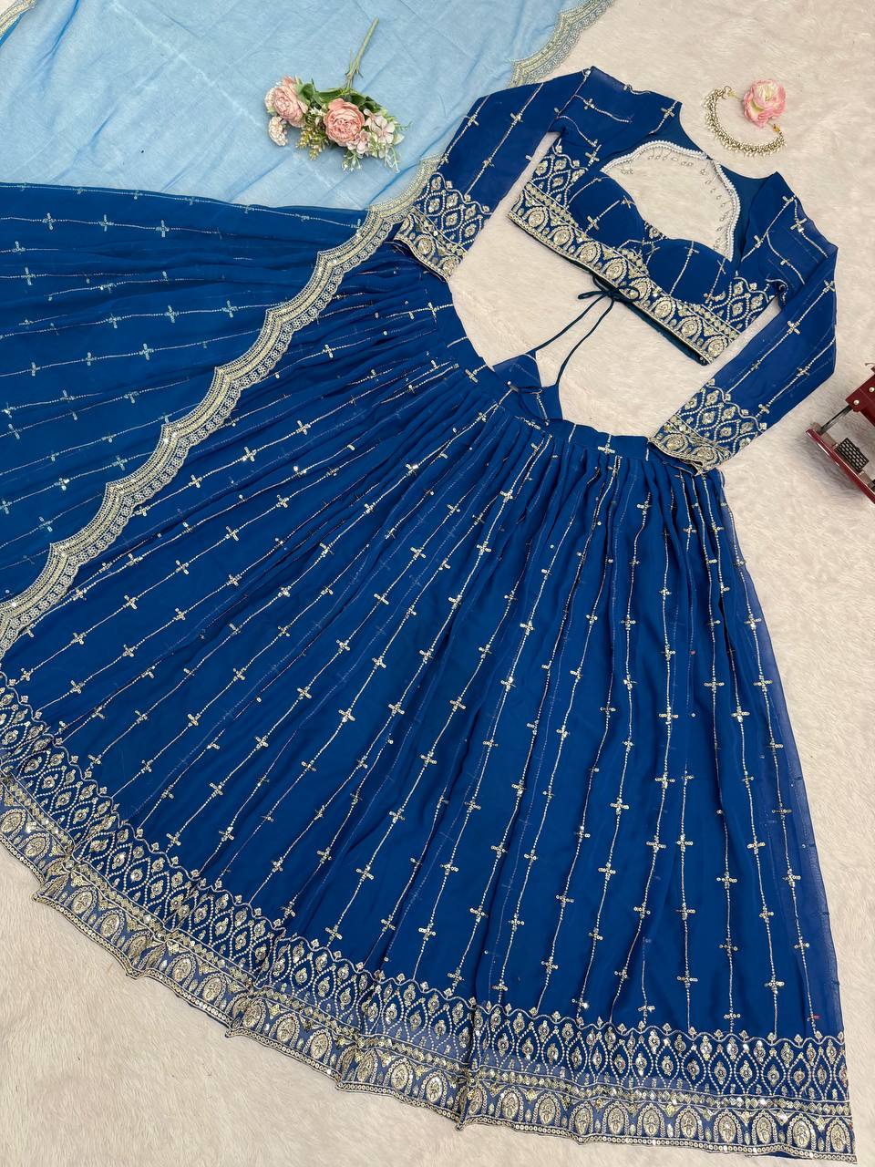 Engagement Wear Navy Color Embroidered Lehenga Choli With Butterfly Net Dupatta