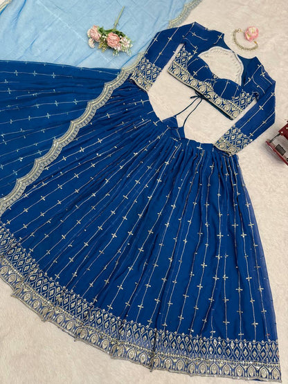 Engagement Wear Navy Color Embroidered Lehenga Choli With Butterfly Net Dupatta