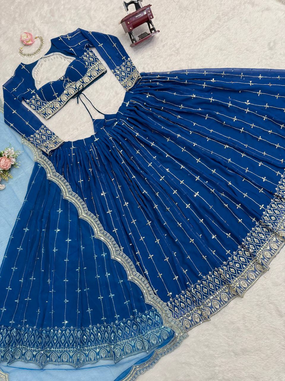 Engagement Wear Navy Color Embroidered Lehenga Choli With Butterfly Net Dupatta