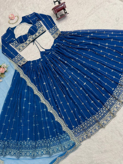 Engagement Wear Navy Color Embroidered Lehenga Choli With Butterfly Net Dupatta