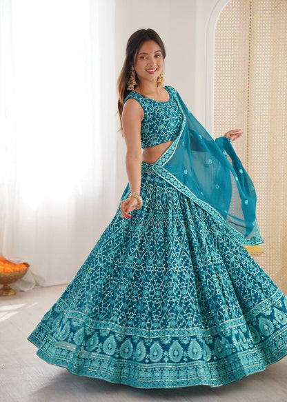 Designer Aqua Blue Color Embroidered Receptions Lehenga Choli Set