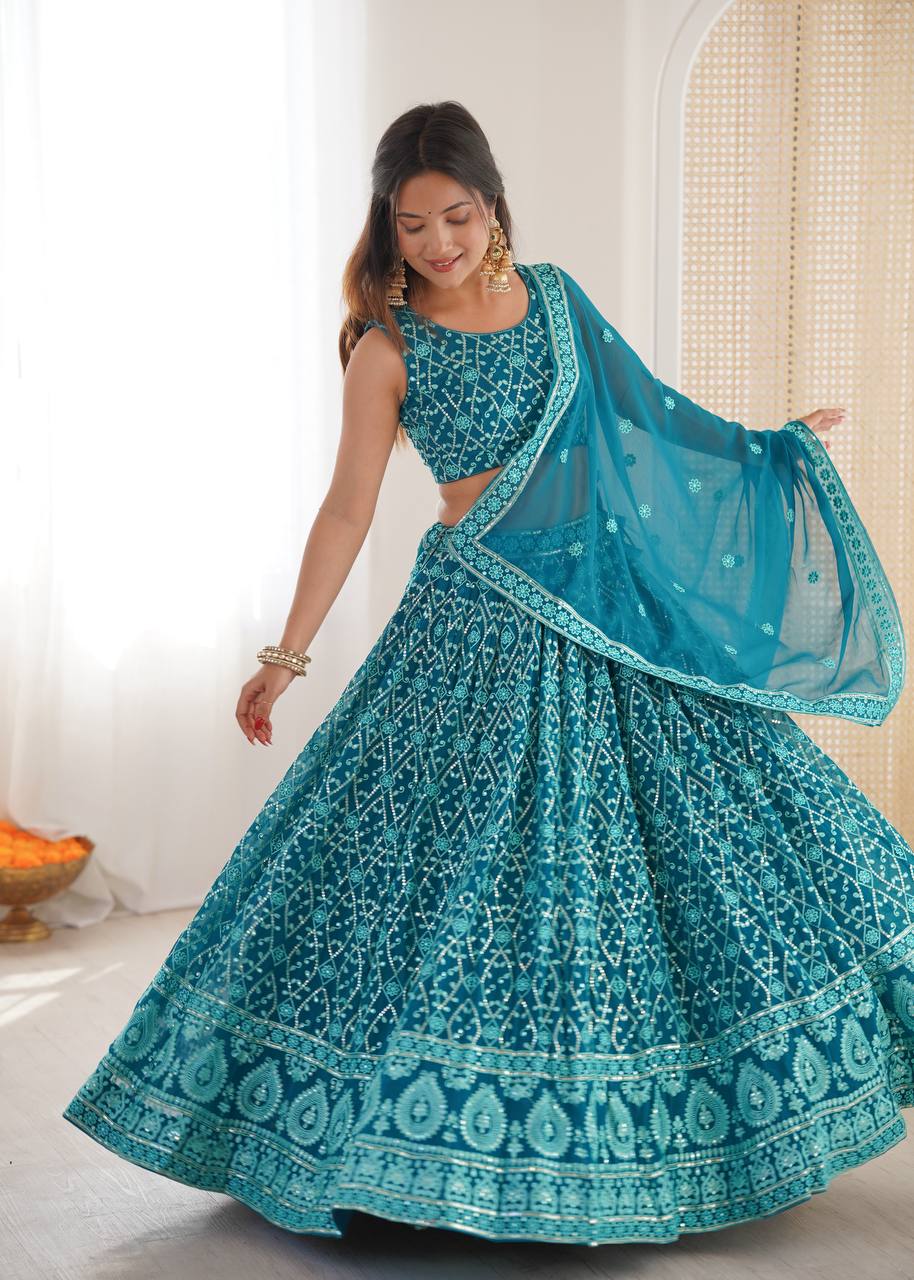 Designer Aqua Blue Color Embroidered Receptions Lehenga Choli Set