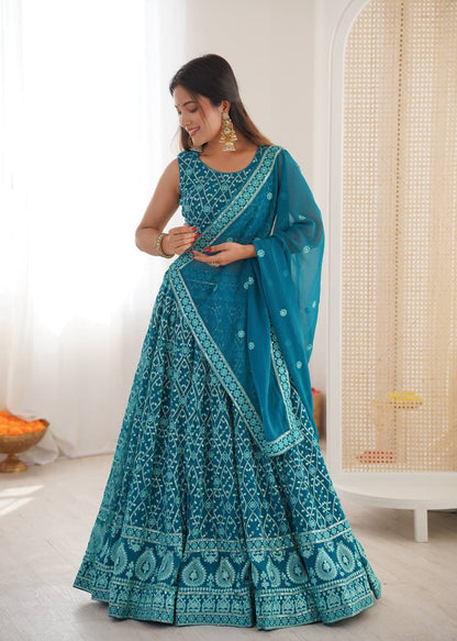 Designer Aqua Blue Color Embroidered Receptions Lehenga Choli Set