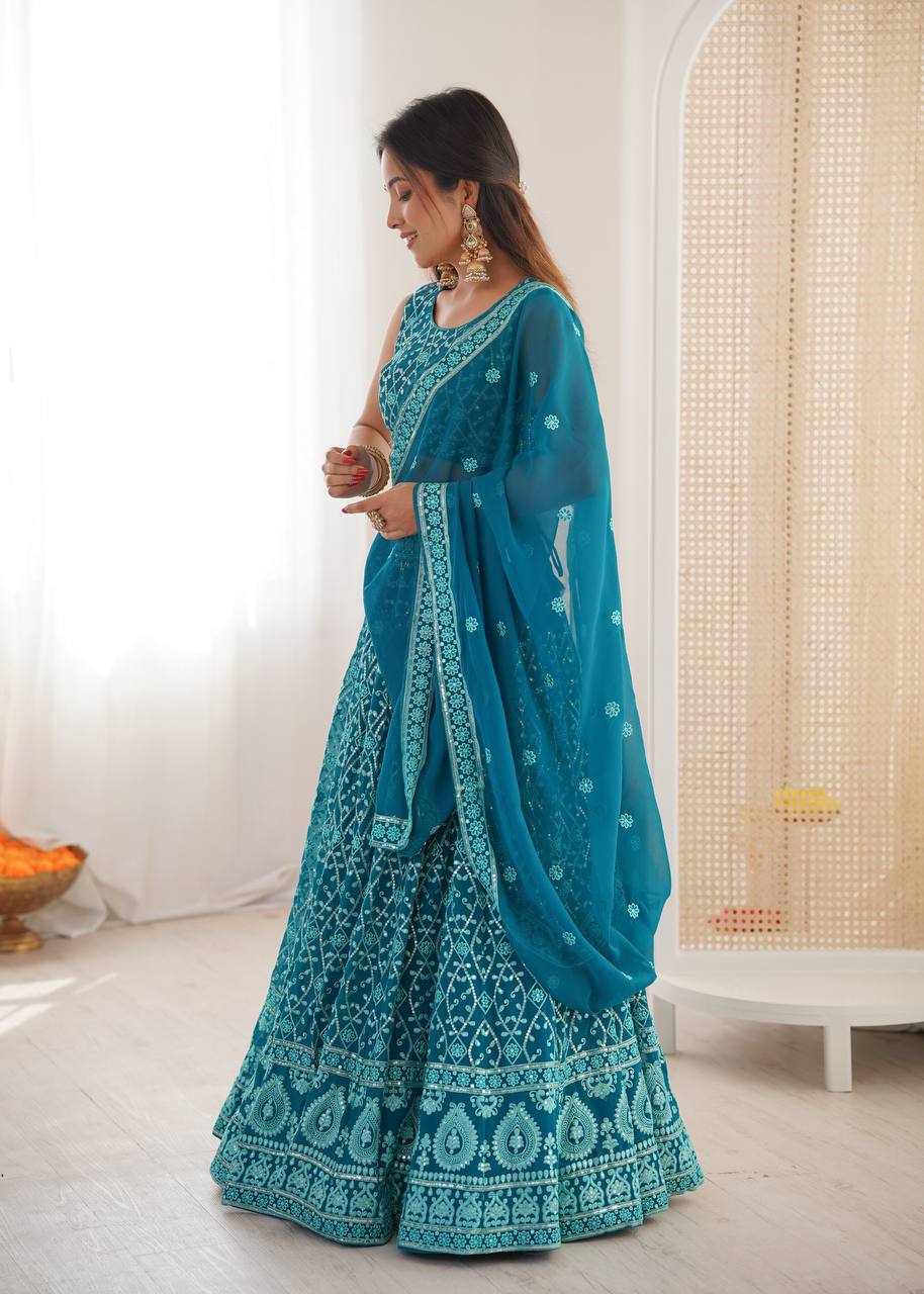 Designer Aqua Blue Color Embroidered Receptions Lehenga Choli Set