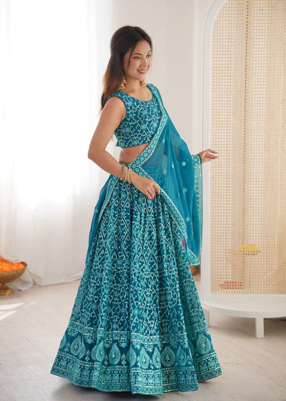 Designer Aqua Blue Color Embroidered Receptions Lehenga Choli Set