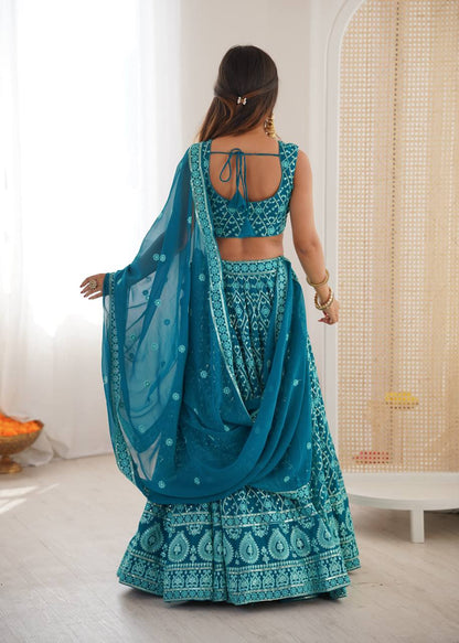 Designer Aqua Blue Color Embroidered Receptions Lehenga Choli Set