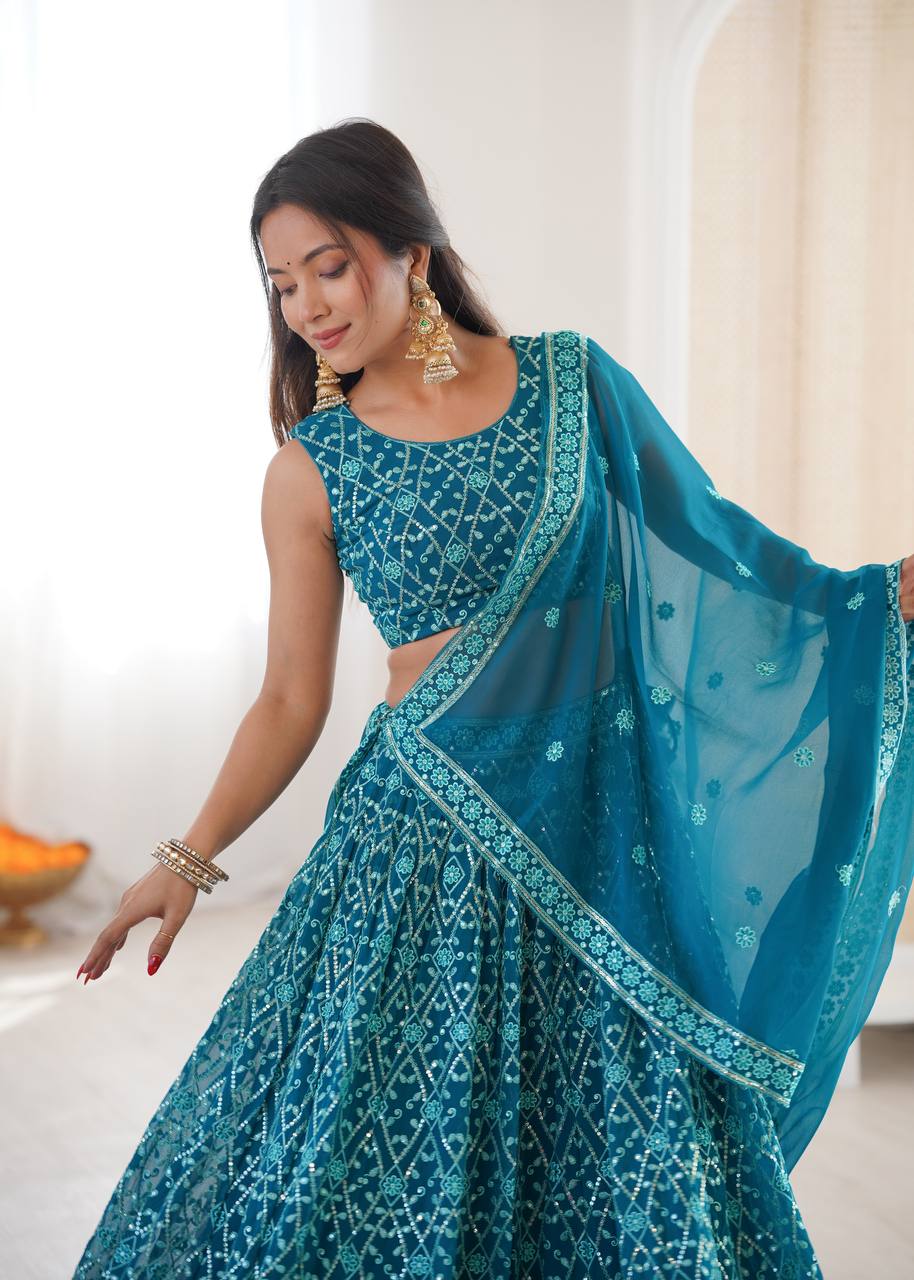 Designer Aqua Blue Color Embroidered Receptions Lehenga Choli Set