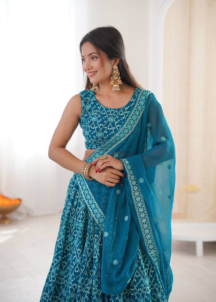Designer Aqua Blue Color Embroidered Receptions Lehenga Choli Set
