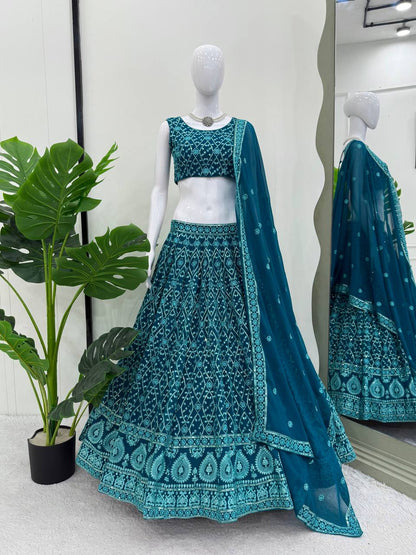 Designer Aqua Blue Color Embroidered Receptions Lehenga Choli Set