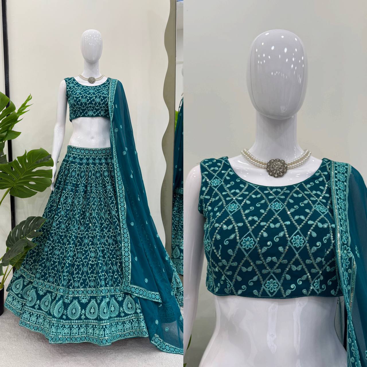 Designer Aqua Blue Color Embroidered Receptions Lehenga Choli Set