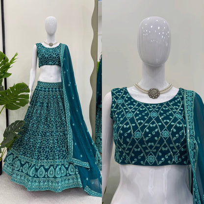 Designer Aqua Blue Color Embroidered Receptions Lehenga Choli Set