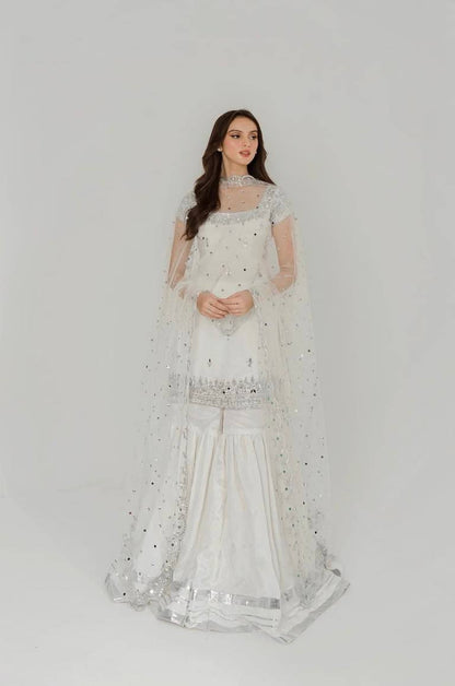 Designer White Color Embroidered Top With Sharara And Mirror Work Dupatta Set