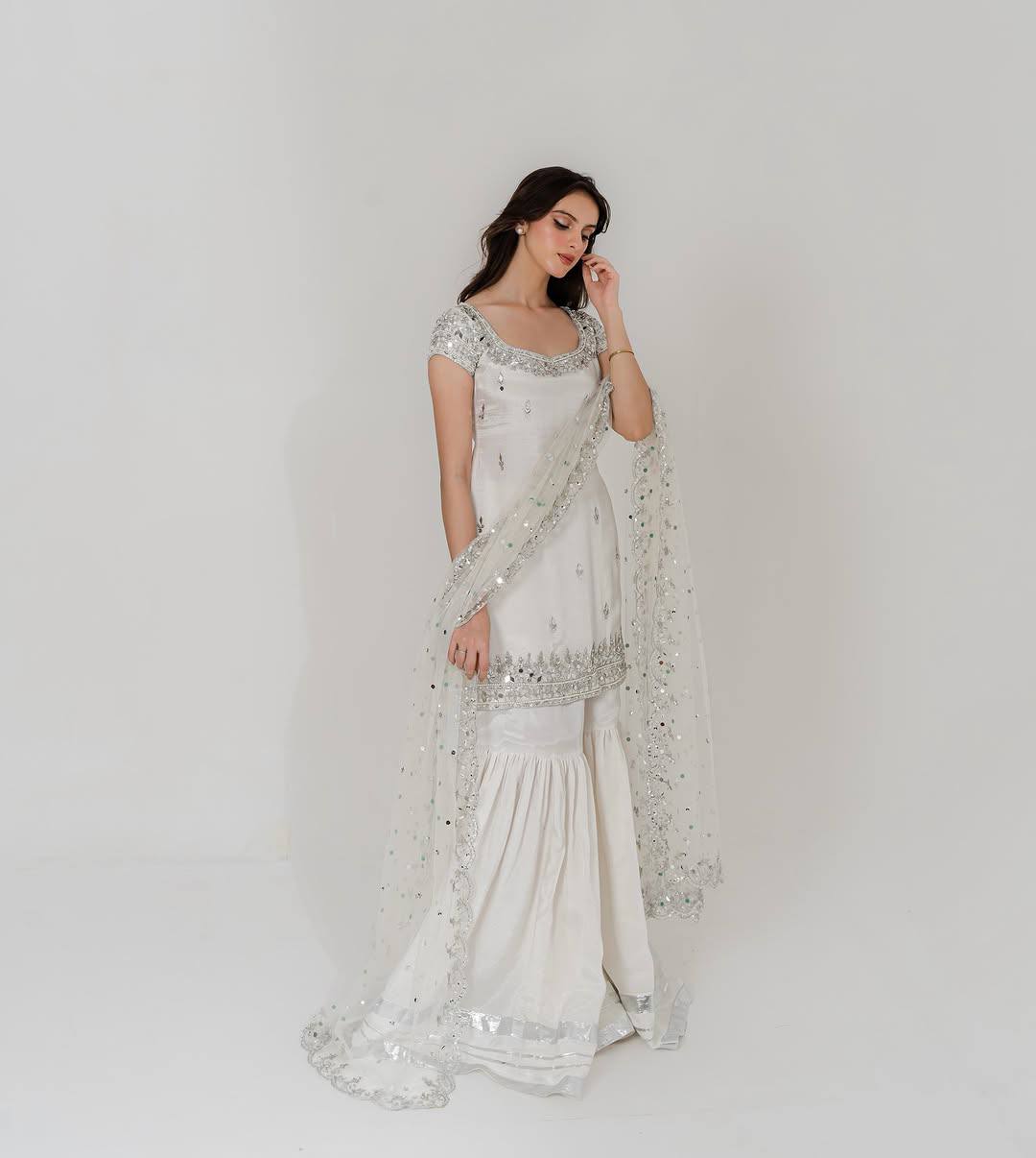 Designer White Color Embroidered Top With Sharara And Mirror Work Dupatta Set