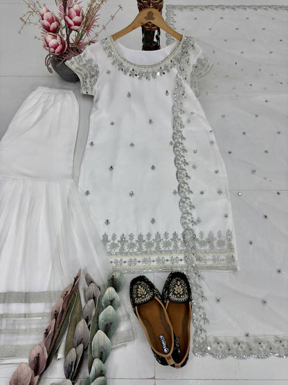 Designer White Color Embroidered Top With Sharara And Mirror Work Dupatta Set