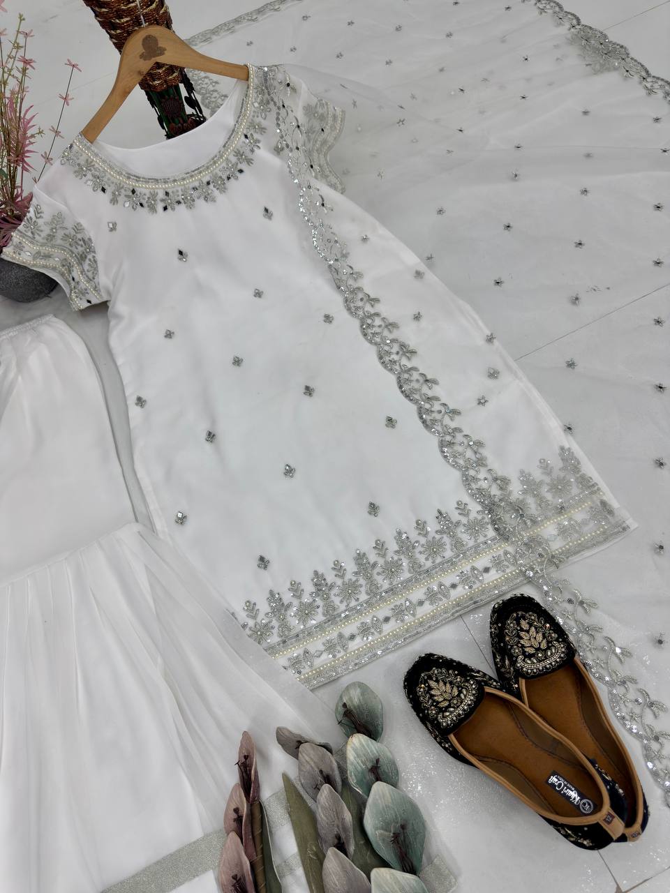 Designer White Color Embroidered Top With Sharara And Mirror Work Dupatta Set