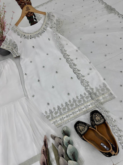 Designer White Color Embroidered Top With Sharara And Mirror Work Dupatta Set