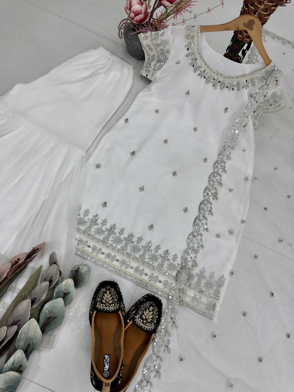 Designer White Color Embroidered Top With Sharara And Mirror Work Dupatta Set