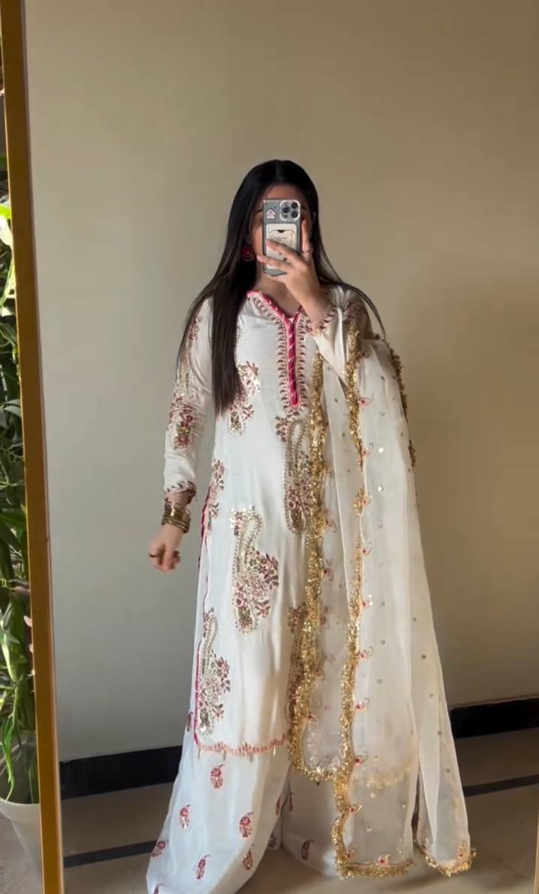 Party Wear Off White Color Embroidered Top Plazzo Set With Dupatta