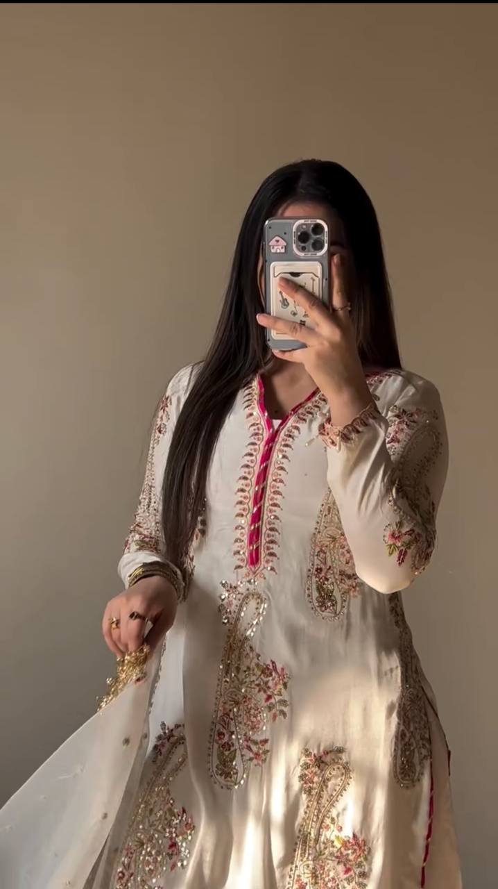 Party Wear Off White Color Embroidered Top Plazzo Set With Dupatta