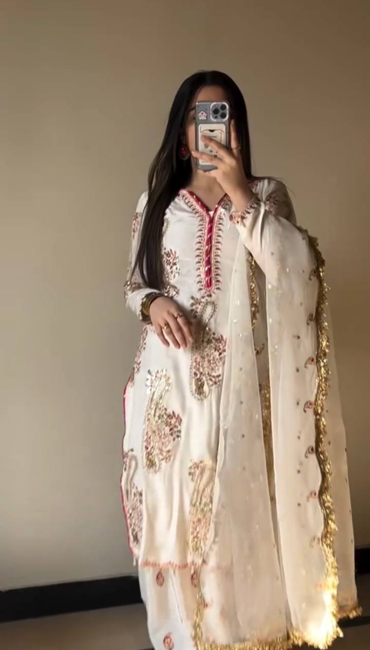Party Wear Off White Color Embroidered Top Plazzo Set With Dupatta