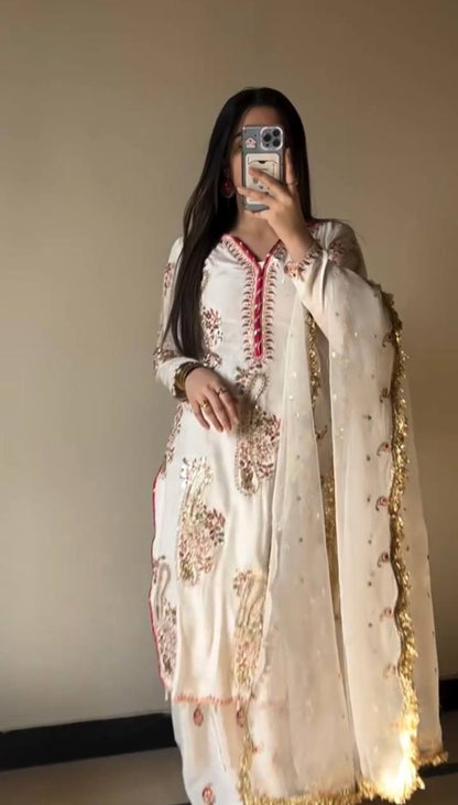 Party Wear Off White Color Embroidered Top Plazzo Set With Dupatta