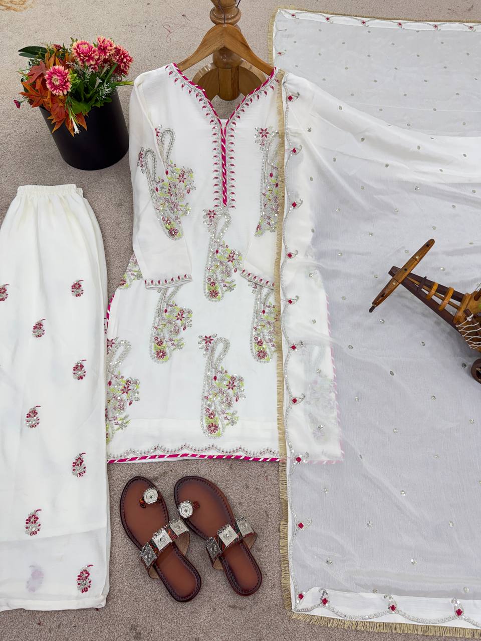Party Wear Off White Color Embroidered Top Plazzo Set With Dupatta