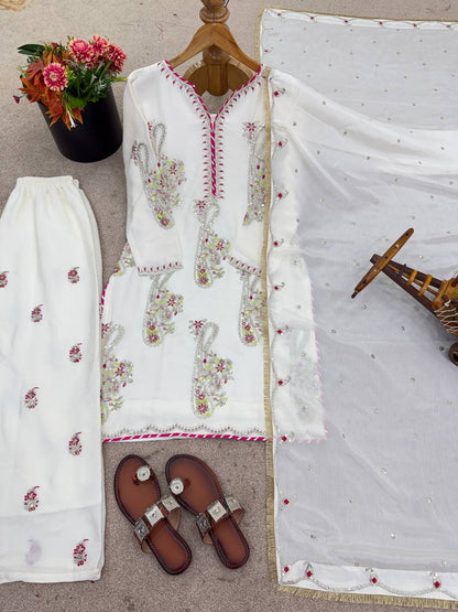 Party Wear Off White Color Embroidered Top Plazzo Set With Dupatta