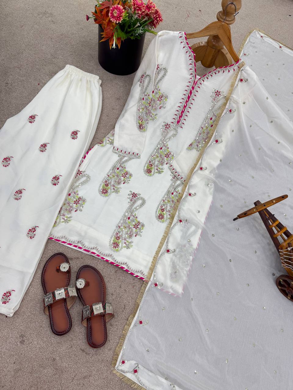 Party Wear Off White Color Embroidered Top Plazzo Set With Dupatta