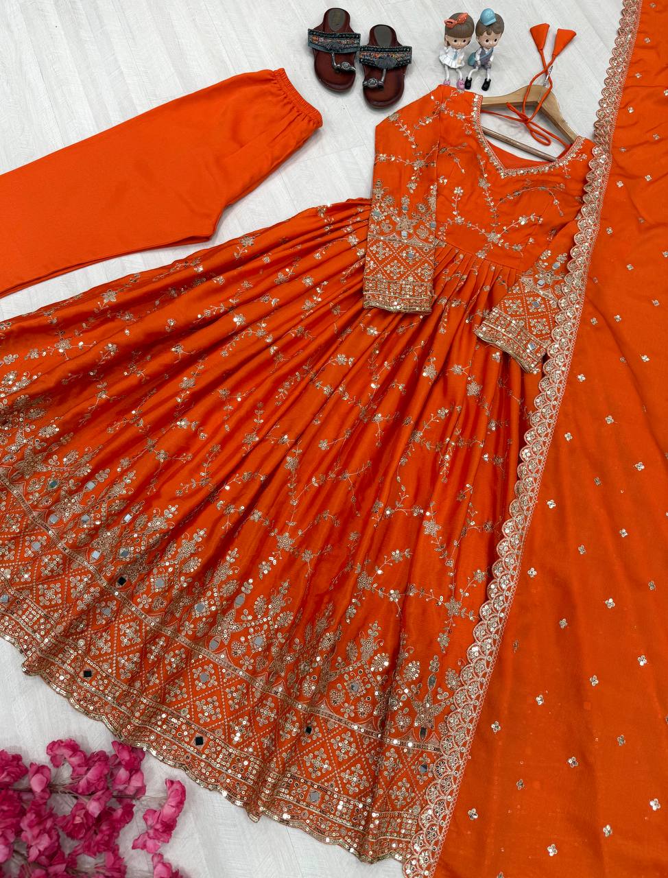 Stylish Orange Color Heavy Chinon Silk With Embroidery Sequence Work Anarkali Gown
