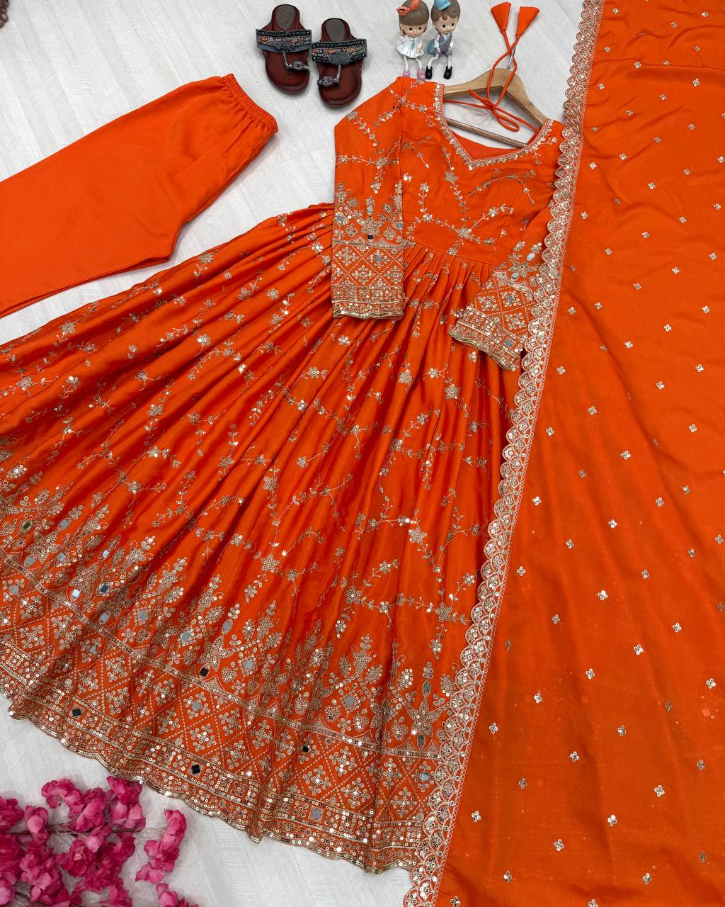 Stylish Orange Color Heavy Chinon Silk With Embroidery Sequence Work Anarkali Gown