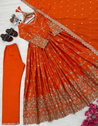 Stylish Orange Color Heavy Chinon Silk With Embroidery Sequence Work Anarkali Gown