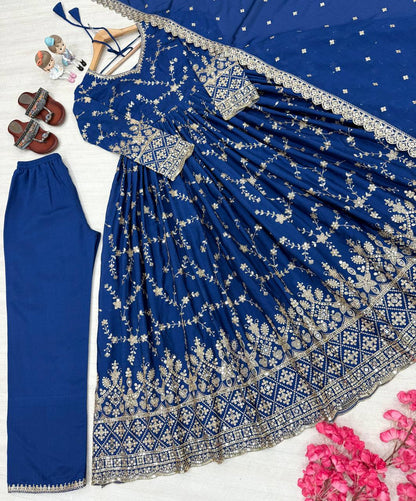 Stylish Blue Color Heavy Chinon Silk With Embroidery Sequence Work Anarkali Gown