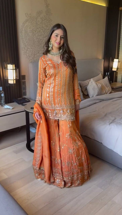 Wedding Wear Orange Color Faux Georgette Sharara Set