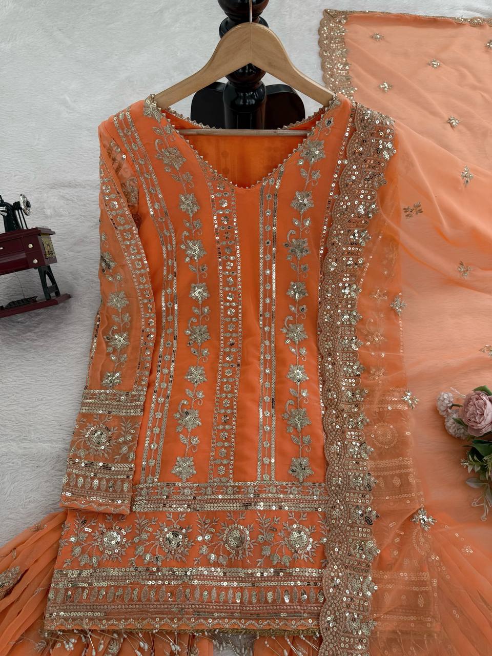 Wedding Wear Orange Color Faux Georgette Sharara Set
