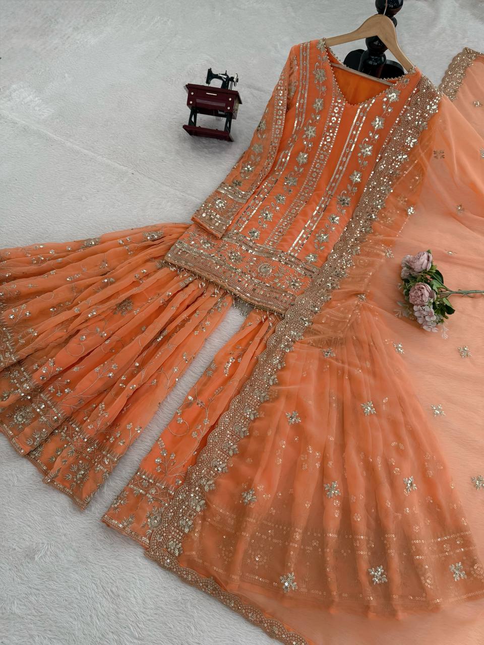 Wedding Wear Orange Color Faux Georgette Sharara Set