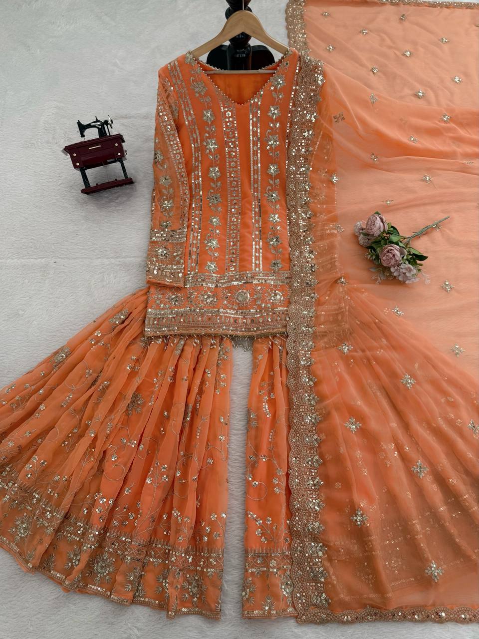Wedding Wear Orange Color Faux Georgette Sharara Set